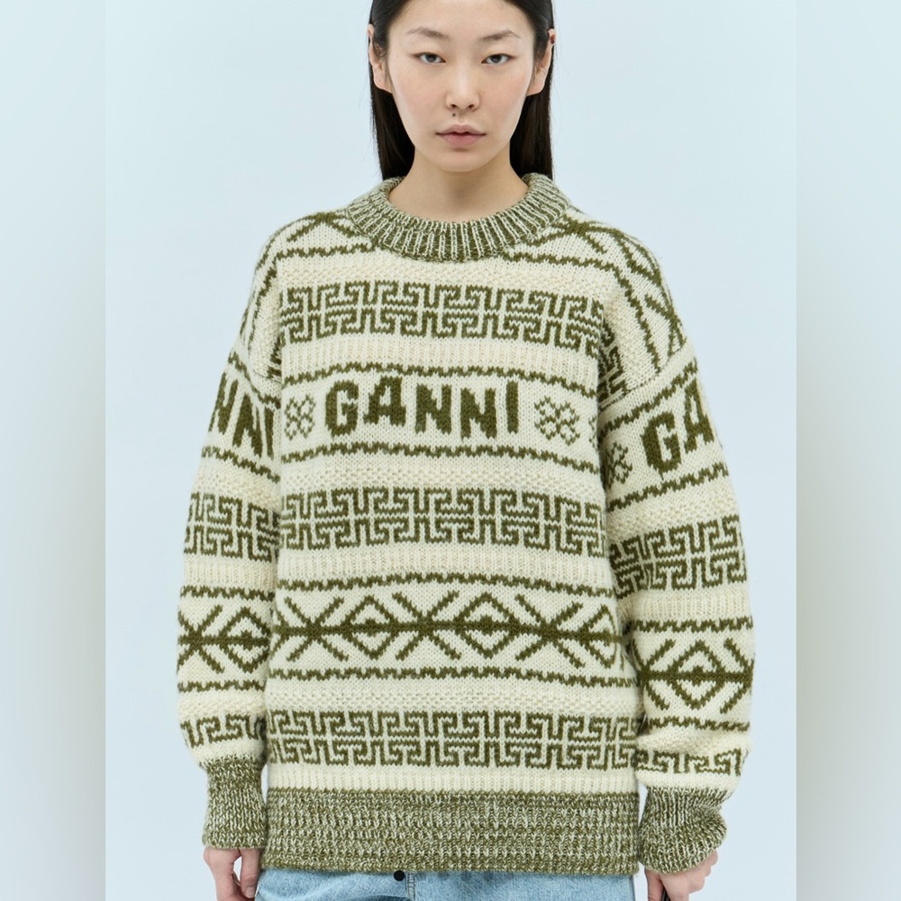 GANNI Olive Green Patterned Sweater REVERSIBLE